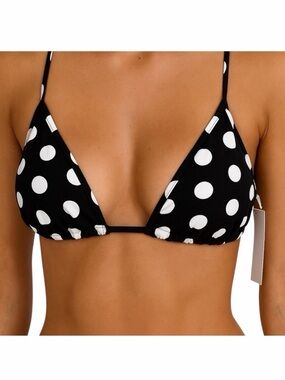 Aqua Polka Dot Triangle Bikini Top Adjustable Back Tie Straps Black White L NEW